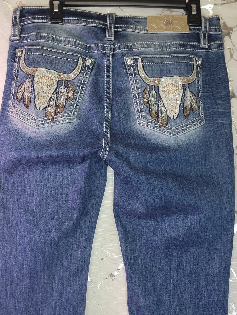 Miss Me Western Bootcut Jeans Size 31 Embroidered Cow Skull Stretch Bling - Picture 3 of 15